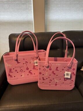2pc set Bogg Bag XL Original 19" & Medium 15"Pink Howdy Cowgirl Tote Western NWT
